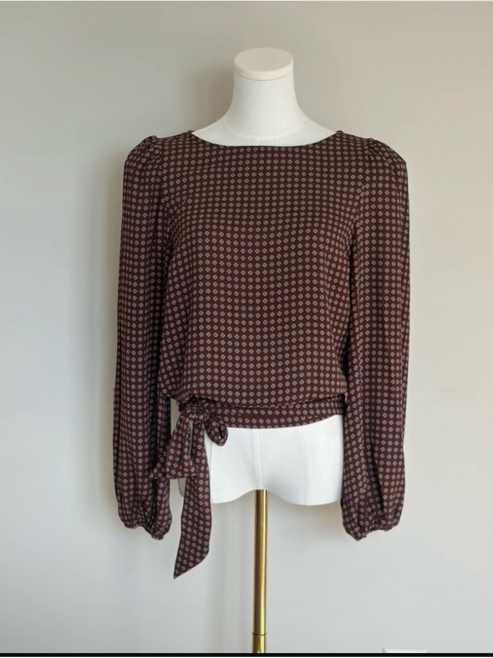 Express Brown Printed Long-Sleeve Tie-Waist Blouse
